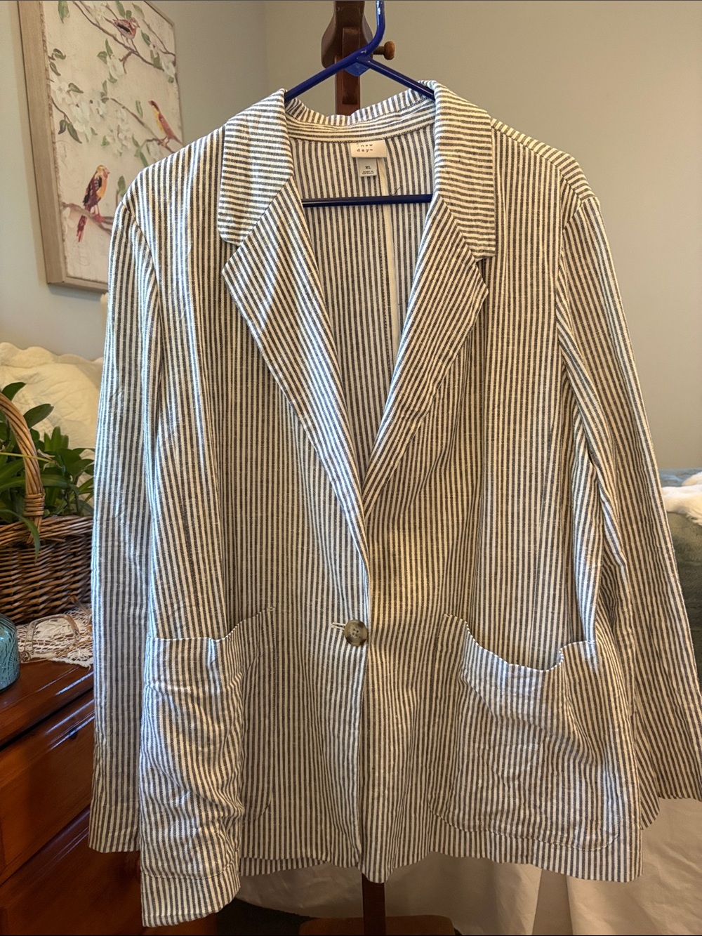 a new day Blue and White Striped Linen-Blend Single-Button Blazer